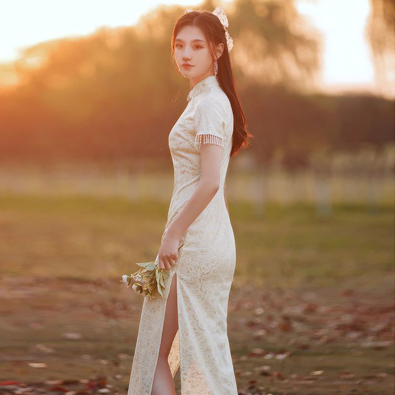 蕾丝珍珠苏年轻款旗袍礼服少女民国名媛气质改良日常连衣裙夏款