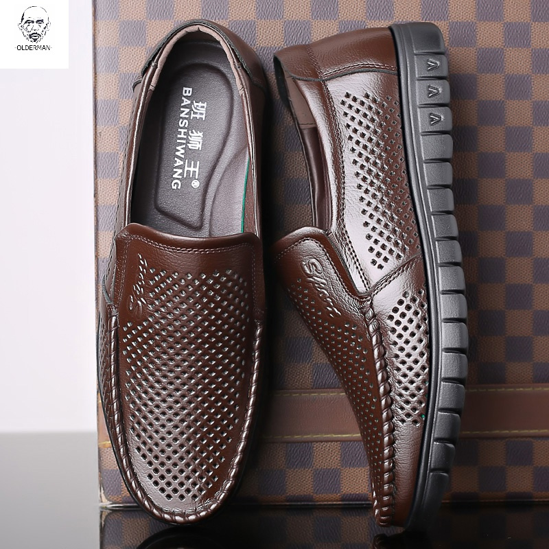 老人头2020夏季透气凉皮鞋男士真皮凉鞋软底防滑中老年人爸爸男鞋老人
