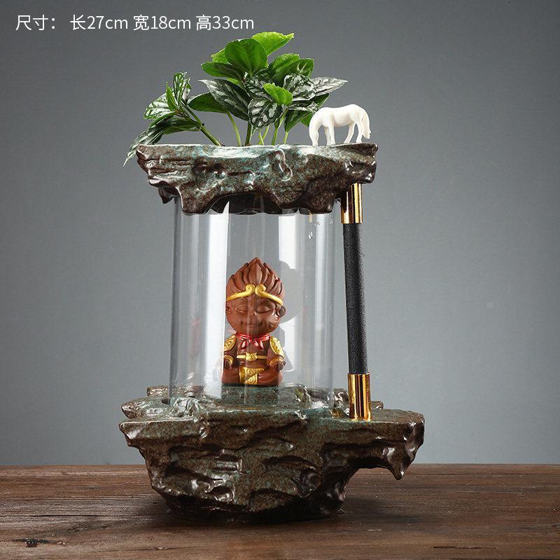 美帮汇新中式创意盆景摆件大圣归来悟空玻璃客厅桌面l流水摆件高清大图
