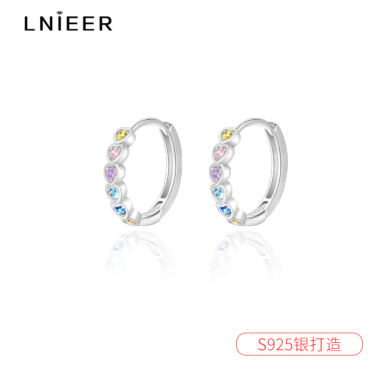 S925纯银彩色锆石爱心耳圈简约纯银耳扣养耳洞耳环睡觉洗澡免摘送女朋友老婆情人节七夕生日礼物