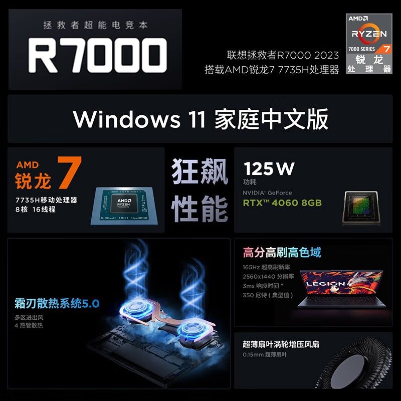 联想(Lenovo)拯救者R7000 RTX4060 2023新品游戏笔记本电脑 15.6英寸 2.5k高刷设计电竞本[R7-7735H 16G 512G 4060-8G]