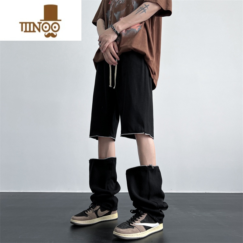 YANXU美式复古做旧拉链可拆卸两穿牛仔裤男款夏季百搭高街痞帅休闲裤子高清大图