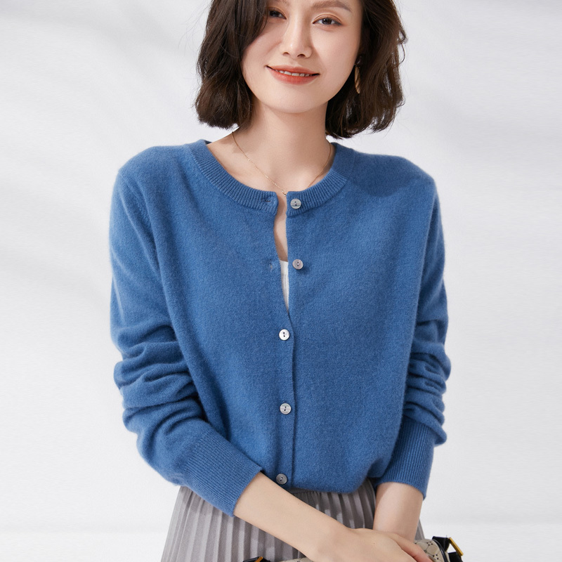 雪米贝奴100%羊毛开衫毛衣女圆领春秋韩版单排扣宽松针织外搭薄款外套