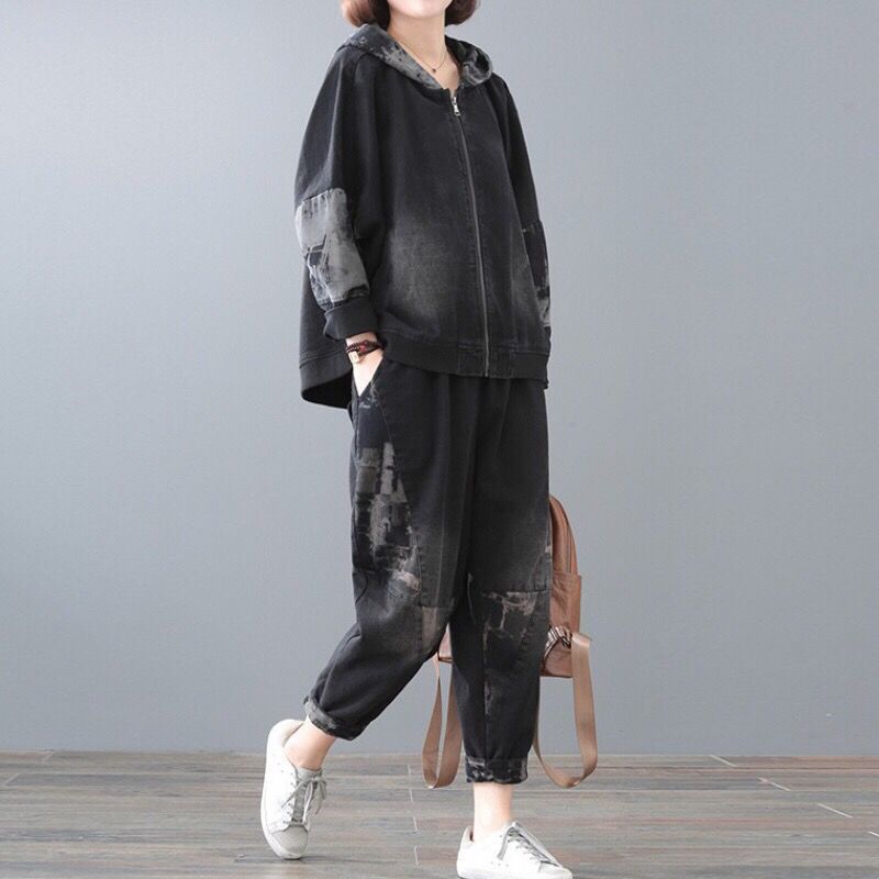 2021秋季新款大码连帽印花拼接休闲时尚套装女 时髦洋气 韩版