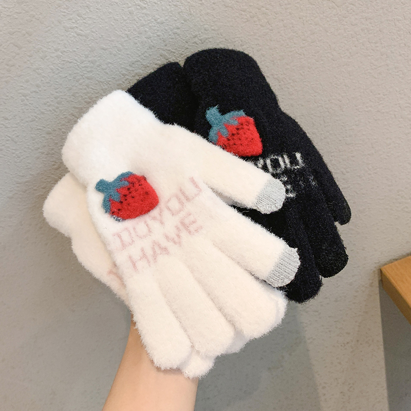 白色 均码 手套冬天女ins可爱骑车加绒保暖防寒冬季毛绒少女五指手套