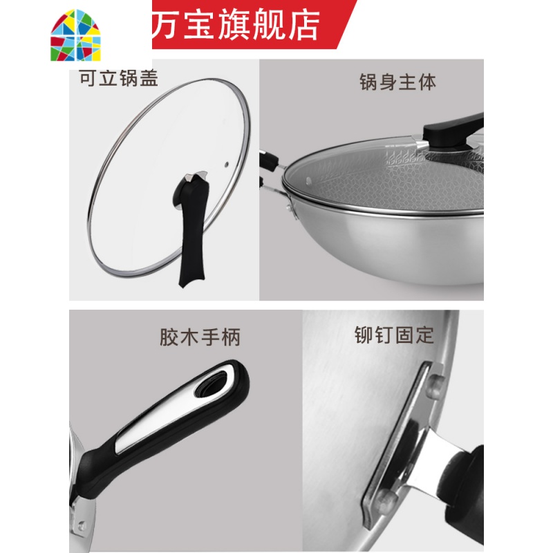 锅304不锈钢炒锅家用无涂层无油烟电磁炉通用炒菜锅 FENGHOU 蜂窝不锈钢锅A外径32CM无盖高清大图