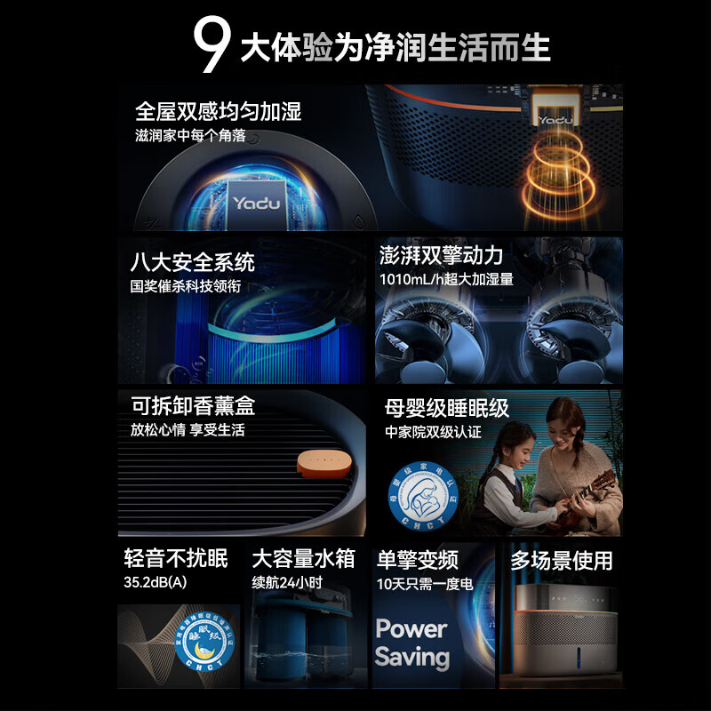 亚都(YADU)双擎无雾纯净蒸发1010ml/h高效空气加湿增湿器卧室客厅家用办公SZ750-TJK800(Hi)Pro高清大图