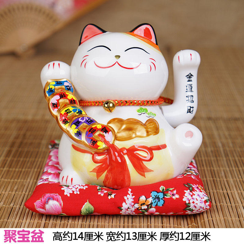 创意猫店铺摇手摆件陶瓷储蓄罐小号日式存钱罐开业礼品 三维工匠 六寸聚宝盆铜钱串(摇手款)猫高清大图