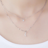 S925银星星月亮镶钻双层坠项链女韩国百搭饰品女潮流时尚YWJY3298送女朋友七夕情人节礼物