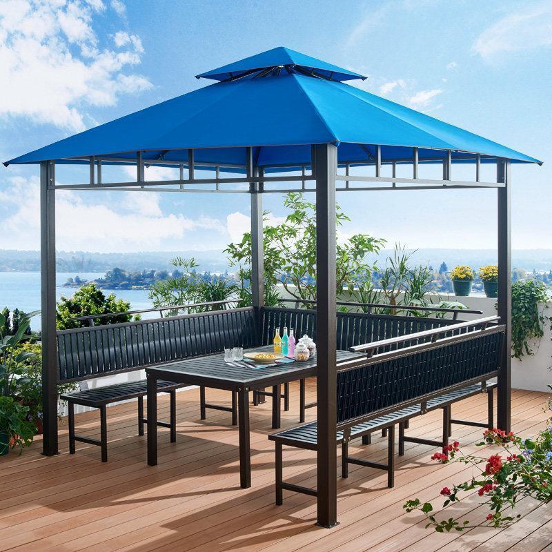 森美人户外凉亭庭院葡萄架别墅铝合金亭子花园简易休闲亭室外帐篷遮阳棚 三面黑色坐板含桌子【无垂边】