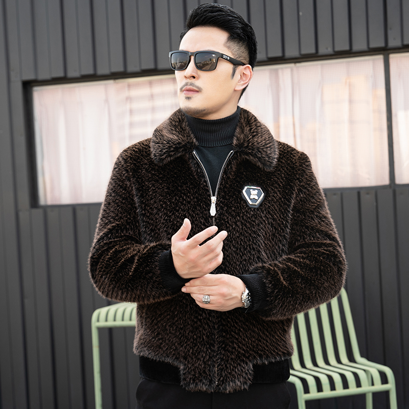 免费试穿 高端金貂绒毛呢夹克春秋装新款男时尚翻领加厚保暖皮草外套潮真皮皮毛一体金貂绒男士水貂翻领大衣加厚休闲夹克外套潮高清大图