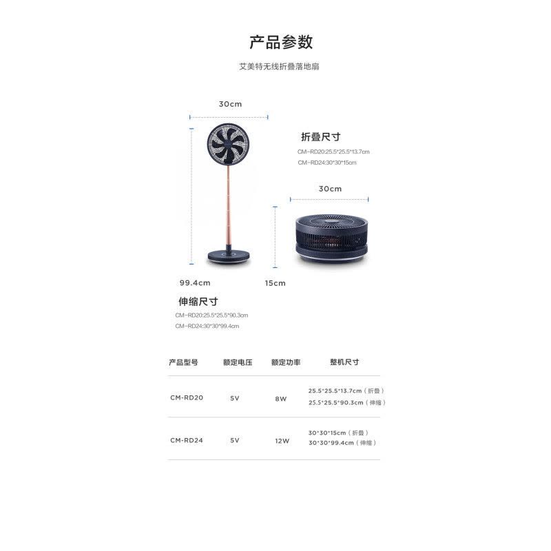 艾美特(Airmate)落地扇无线折叠充电落地扇便携户外风扇强大风力智能遥控 带夜灯12寸折叠扇CM-RD24蓝色落地扇图片