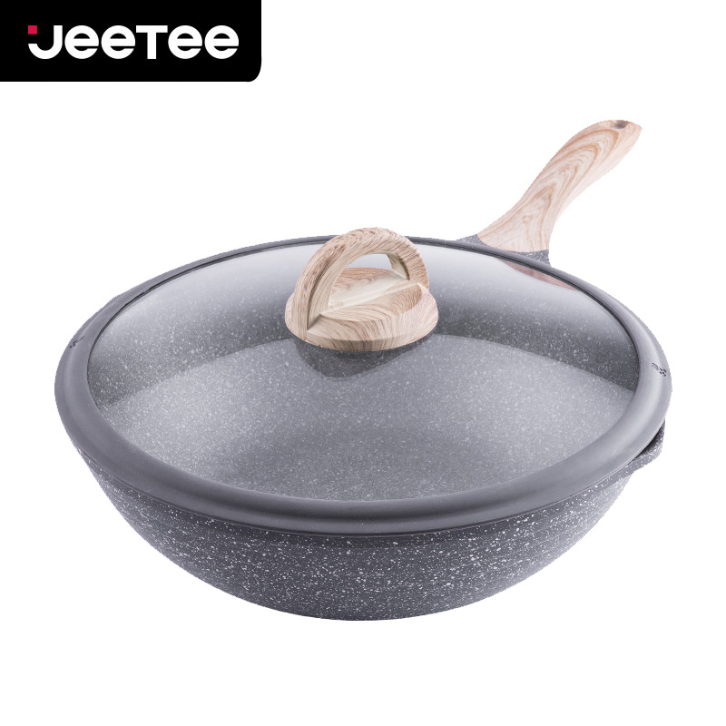 Jeetee吉特不粘少油烟麦饭石炒锅不粘锅平底锅家用煎锅炒菜锅具28cm铝合金燃气灶电磁炉通用MFCG001-28G带盖