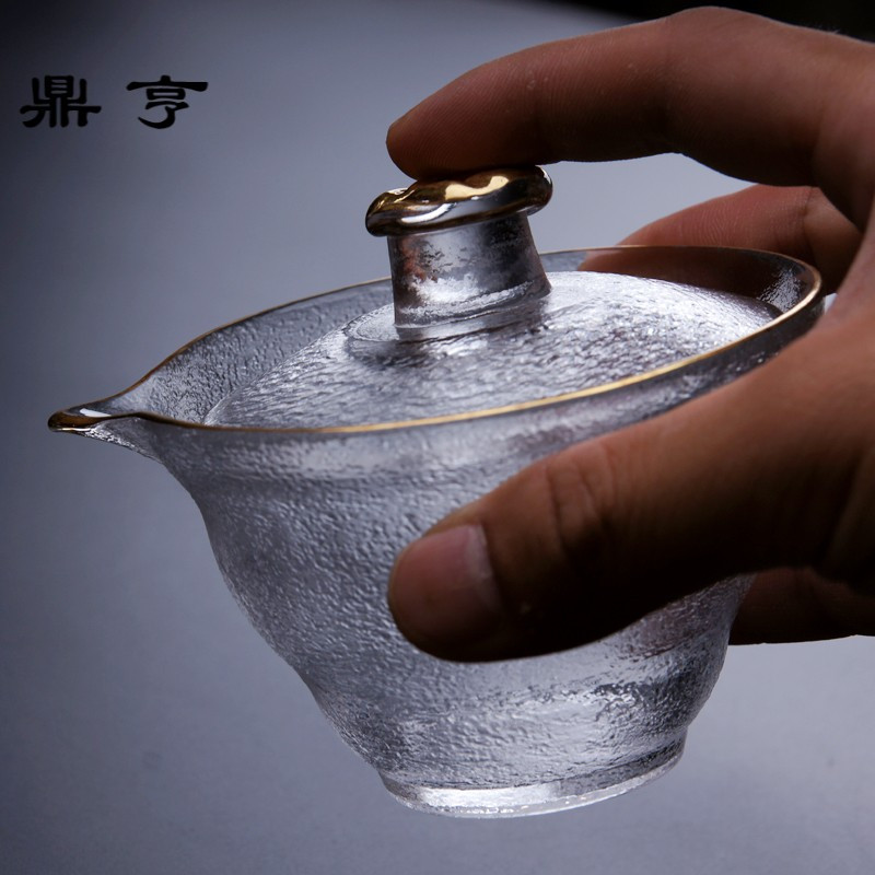 鼎亨手工日式锤目纹玻璃三才盖碗整套描金大号公道杯功夫泡茶具分