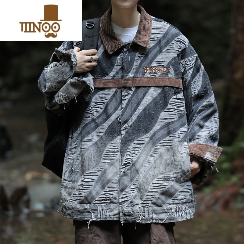 YANXU高街美式渐变色破坏感牛仔外套男拼色设计感小众百搭长袖夹克男生高清大图