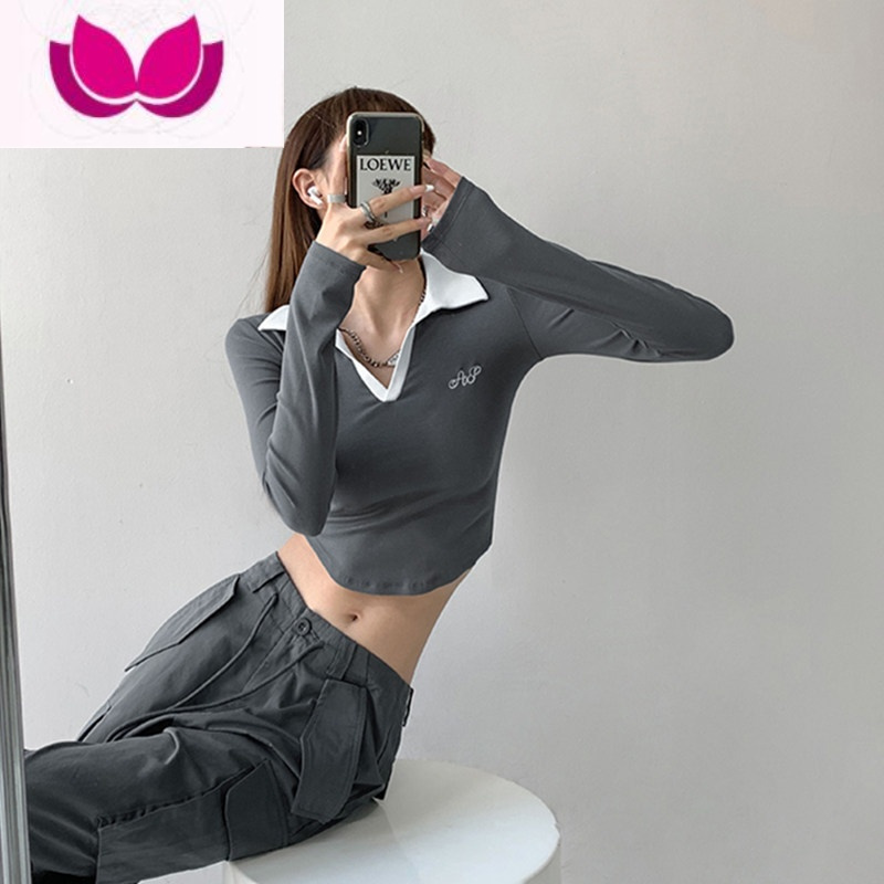 七斓冬纯欲风性感长袖翻领紧身露脐polo打底短款上衣女设计感T恤