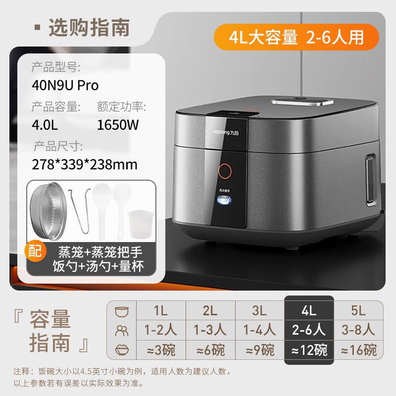 九阳 家用2024款0涂层电饭煲316L不锈钢不沾内胆煮饭锅低糖饭电饭锅40N9U Pro