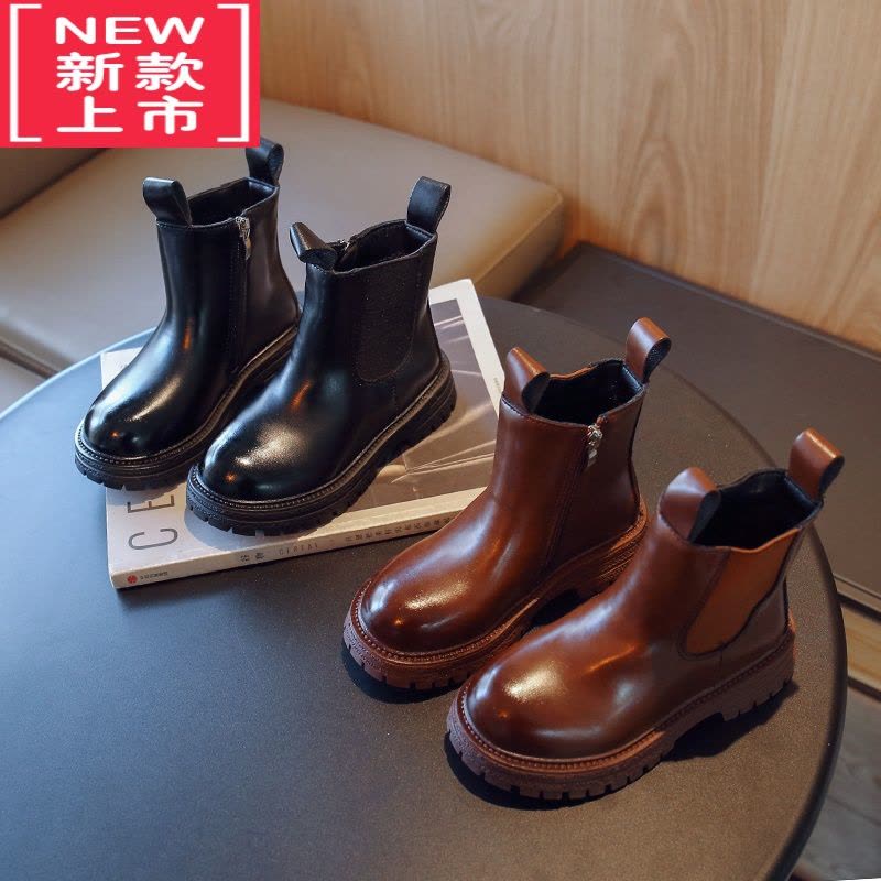 可莉允韩版时尚儿童靴子2022秋冬季男女童英伦风马丁靴学生加绒款烟筒靴图片