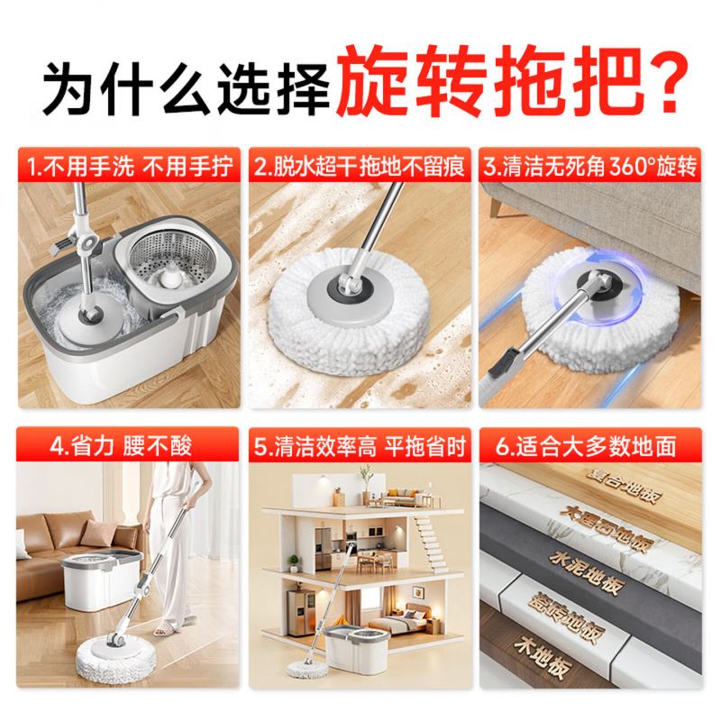 五月花旋转拖把替换头2只装超细纤维拖布头吸水墩布头替换装2只装高清大图