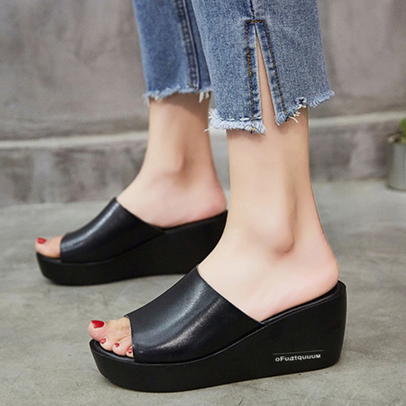 [真牛皮]凉拖鞋女夏时尚外穿高跟一字拖坡跟防滑厚底女士凉鞋 黑色 37