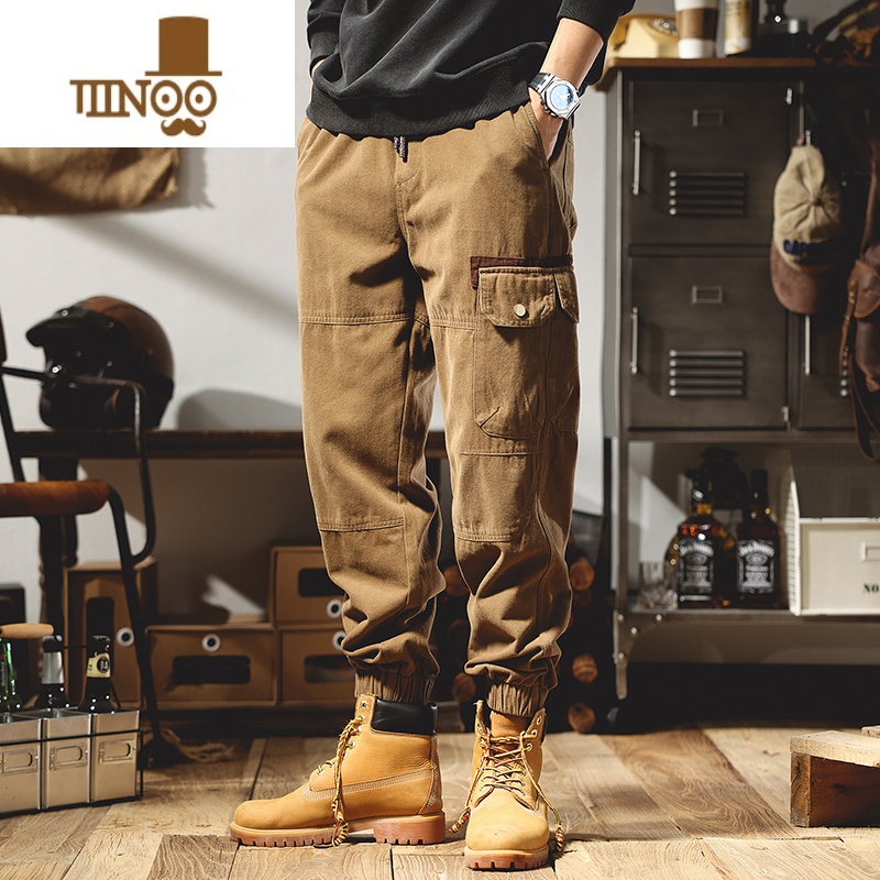 YANXU美式复古黑色工装裤男款秋季潮牌束脚大口袋撞色耐磨休闲长裤高清大图