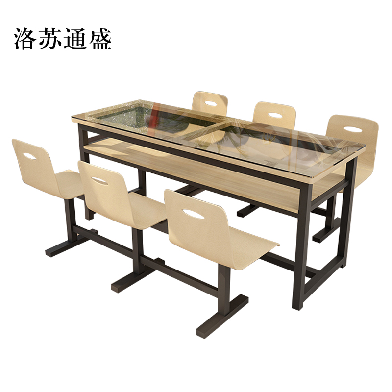 洛苏通盛餐桌6人学校食堂小吃店快餐桌椅饭堂钢化玻璃桌1800*600*750【含椅】