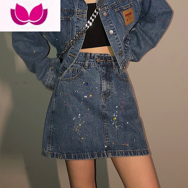 七斓吵吵家 蓝色套装女初新短款外套宽松显瘦半身裙牛仔吵 S 蓝色半身裙