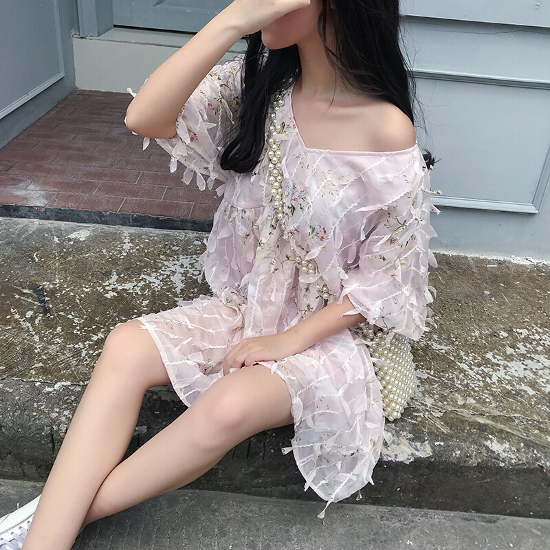 2018夏新款极简主义粉色超仙露背无袖连衣裙仙女长裙女chic带裙