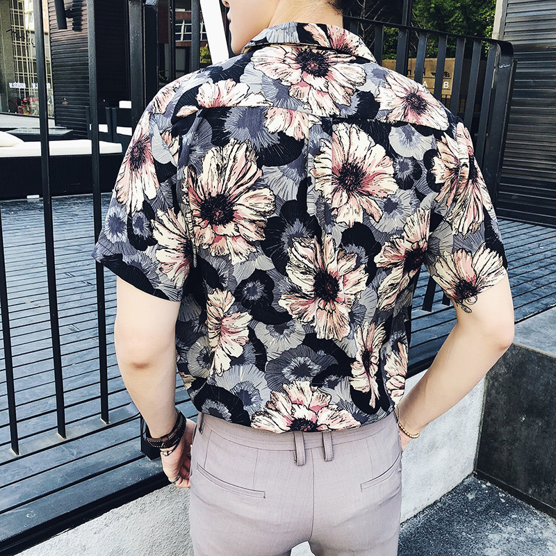 碎花衬衫男士短袖青年时尚印花夏款七分袖衬衣时尚复古沙滩韩版