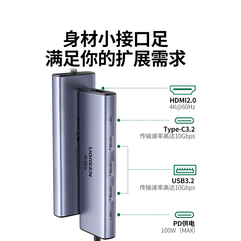 绿联(UGREEN)Type-C扩展坞USB3.2高速拓展坞4K60Hz雷电HDMI接口扩展器适用苹果Mac华为笔记本高清大图