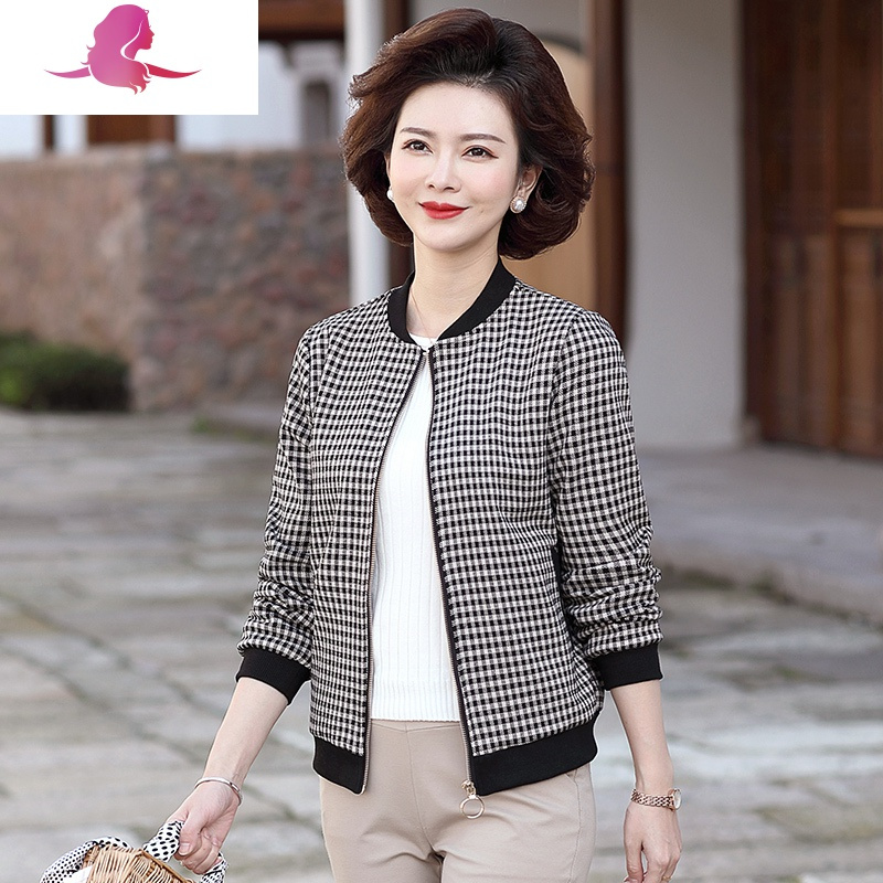 艳如飞妈妈春秋短款上衣中年女装休闲夹克棒球服风衣中老年春装格子外套风衣
