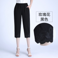 妈妈裤子夏季薄款七分裤中年女裤宽松直筒中老年人雪纺小个子夏装 黑色(玫瑰花款七分裤) XL(80-105斤)