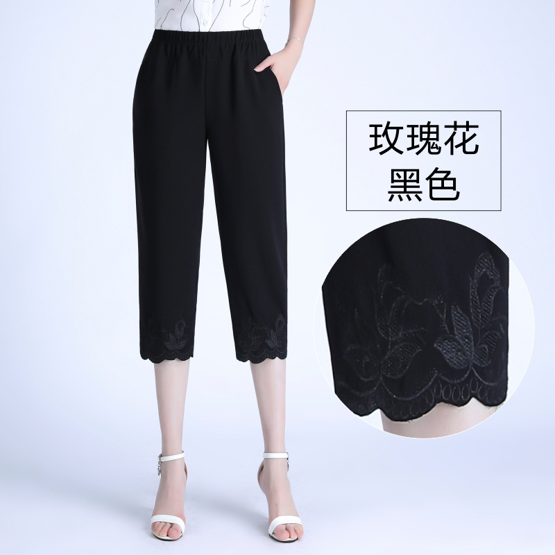 妈妈裤子夏季薄款七分裤中年女裤宽松直筒中老年人雪纺小个子夏装 黑色(玫瑰花款七分裤) XL(80-105斤)