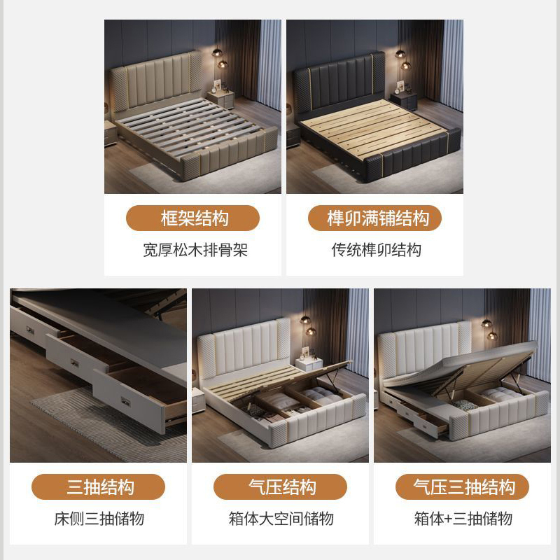 意式真皮床轻奢现代简约双人床主卧室满铺榫卯实木储物床婚床高清大图