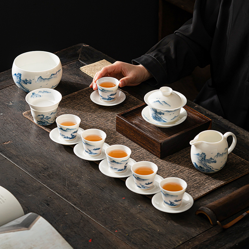 苏氏陶瓷(SUSHI CERAMICS)手绘羊脂玉茶具省级陶瓷艺术大师陈建瑞手工山水画三才盖碗礼盒装