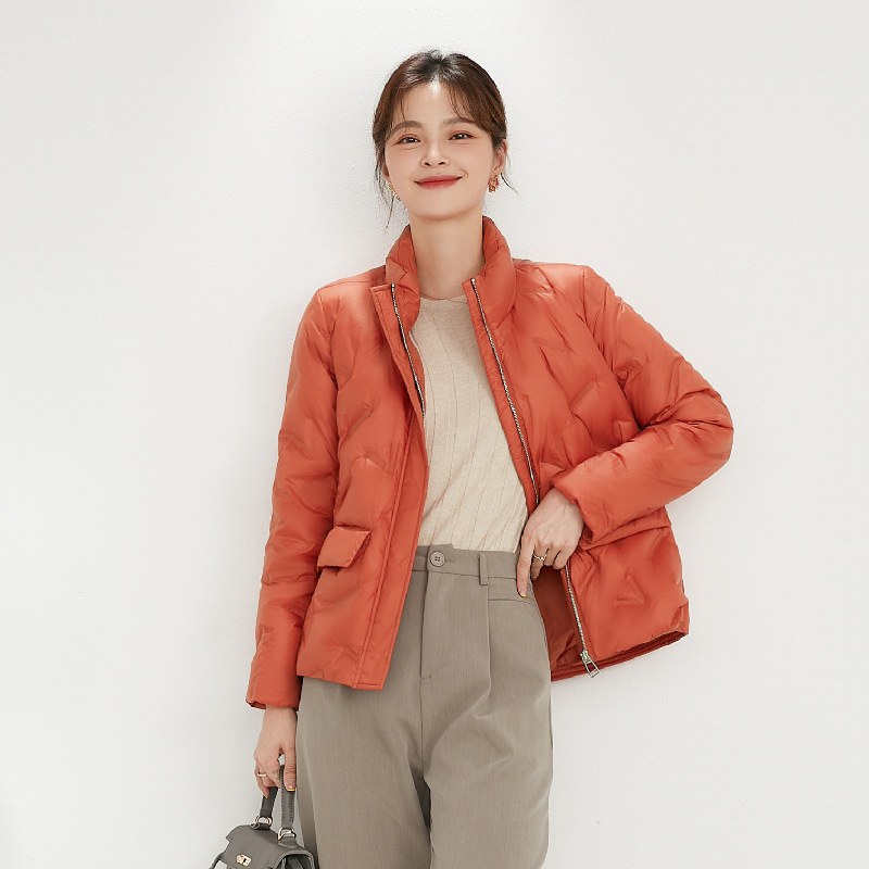新款简约女式90绒女装立领压胶纯色羽绒服短款大码外套_6731 橘色 S