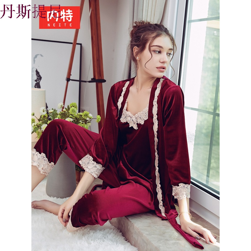 睡衣女秋冬季金丝绒三件套性感带睡袍套装长袖休闲可外穿家居服
