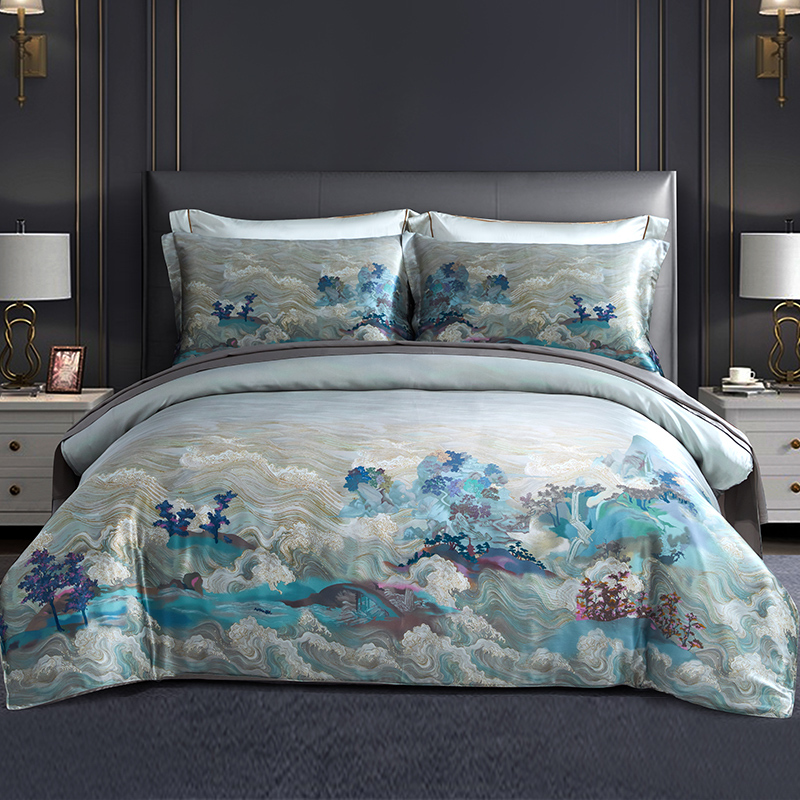 丝煌中式山水风格双面真丝四件套桑蚕丝被套床单数码丝绸婚庆套件
