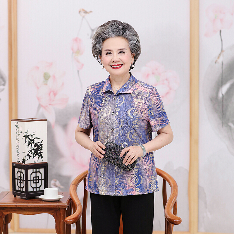 中老年人女装妈妈装夏装套装短袖衬衫60奶奶装宽松老人衣服上衣70蓝色【上衣】