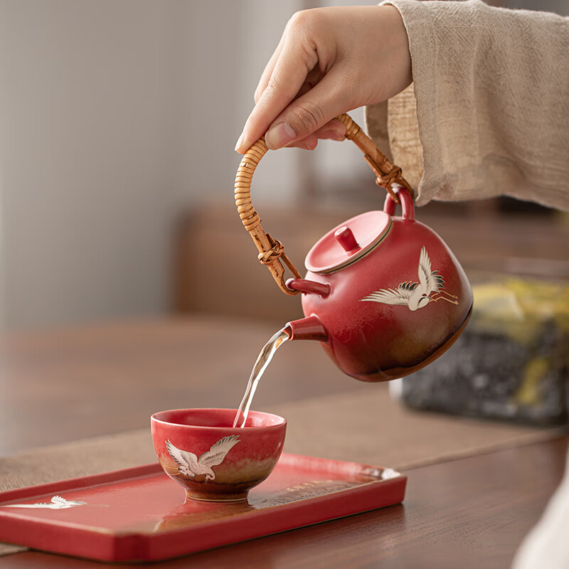苏氏陶瓷/SUSHI CERAMICS J0996 瑞鹤呈祥提梁壶小套装 (单位:套)高清大图