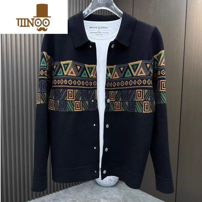 YANXU民族风提花潮牌翻领针织衫男士新款简约休闲帅气青年开衫外套图片