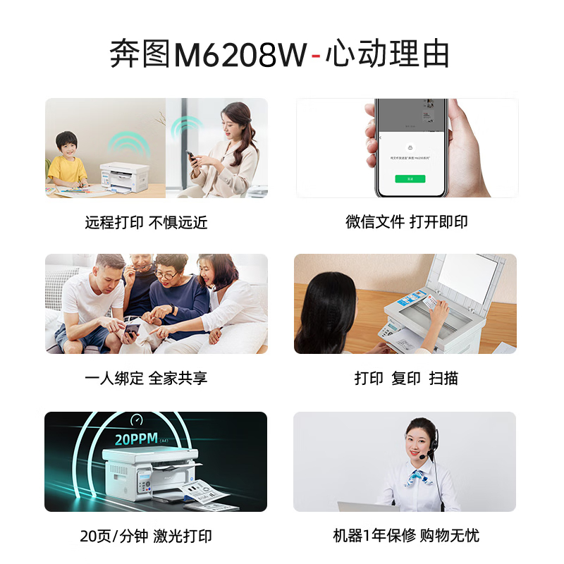 奔图(PANTUM)M6208W激光打印机 复印扫描一体机 家用无线远程打印 学生错题教辅资源共享