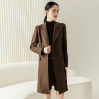 恒源祥中长款西装外套女秋季新款双排扣气质翻驳领风衣百搭西服 165/M 咖色