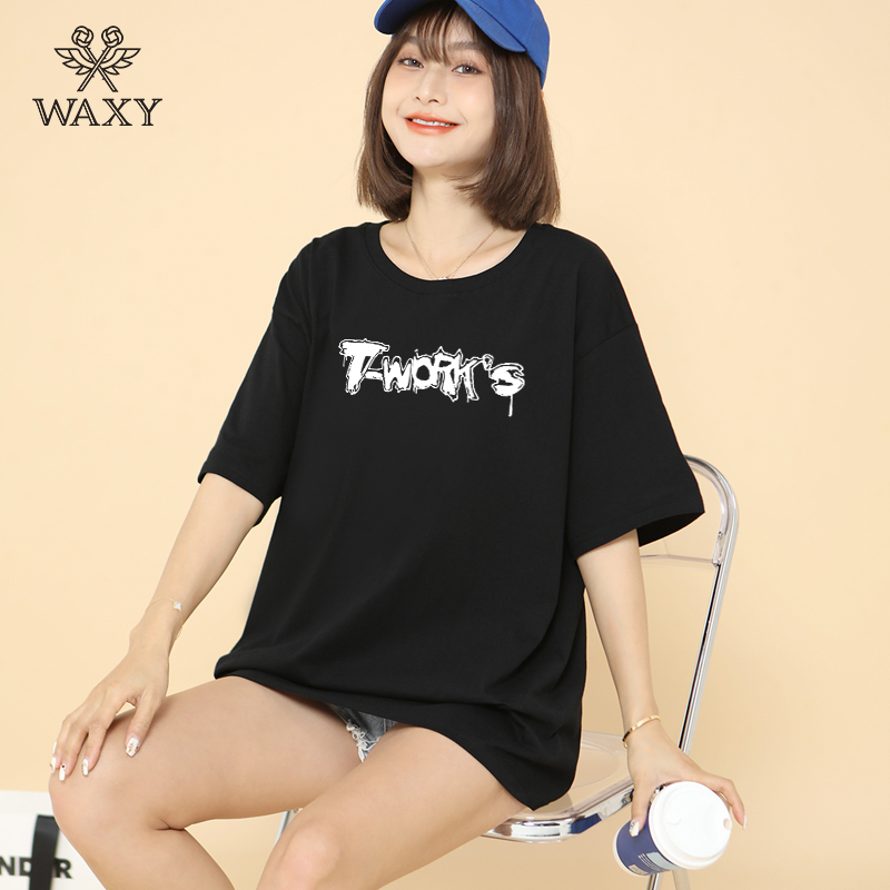 WAXY2022纯棉夏季新款短袖女T恤学生宽松港风百搭简约印花上衣ins