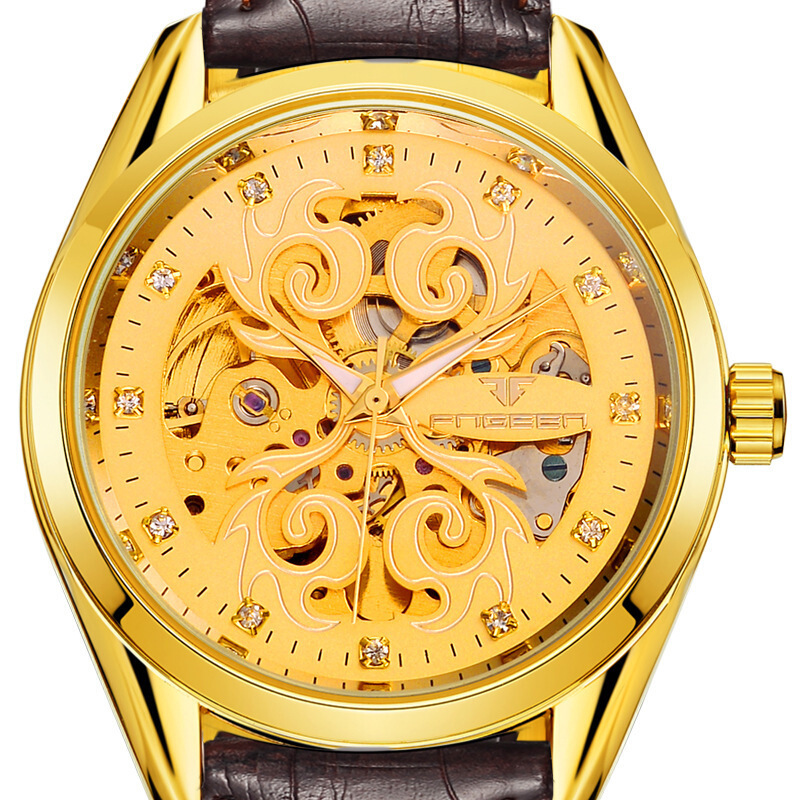 芬尊fngeen男士手表夜光防水镂空全自动机械表男商务休闲腕表皮带钢带