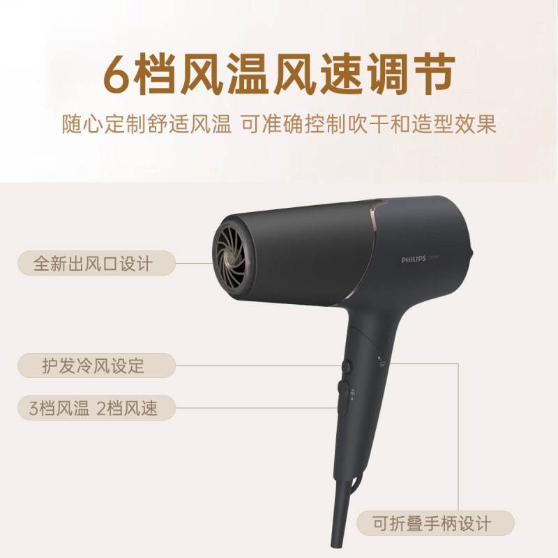 飞利浦(PHILIPS)电吹风机 大功率家用恒温电吹风 负离子护发吹风筒 高速吹风护发系列可折叠手柄 BHD538/25