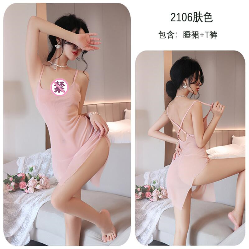 长夜漫漫情趣内衣女式情趣睡衣性感网纱透视吊带睡衣免脱丁字裤家居服女侧开叉火辣免脱睡裙成人用品均码(80-125斤) 肤色 均码
