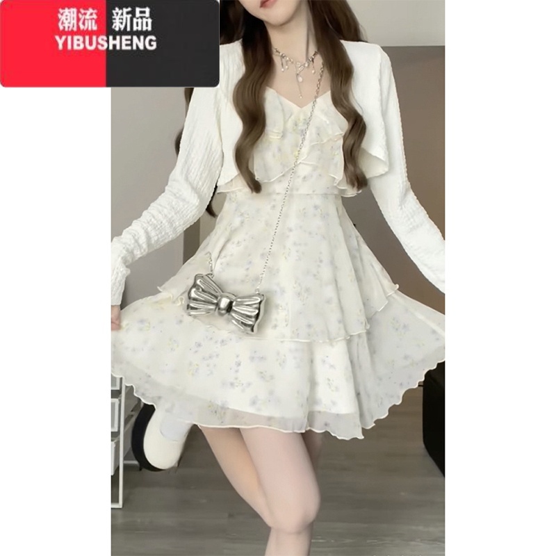 YIBUSHENG温柔奶系荷叶边碎花连衣裙2024新款茶歇法式海边度假吊带裙子裙高清大图