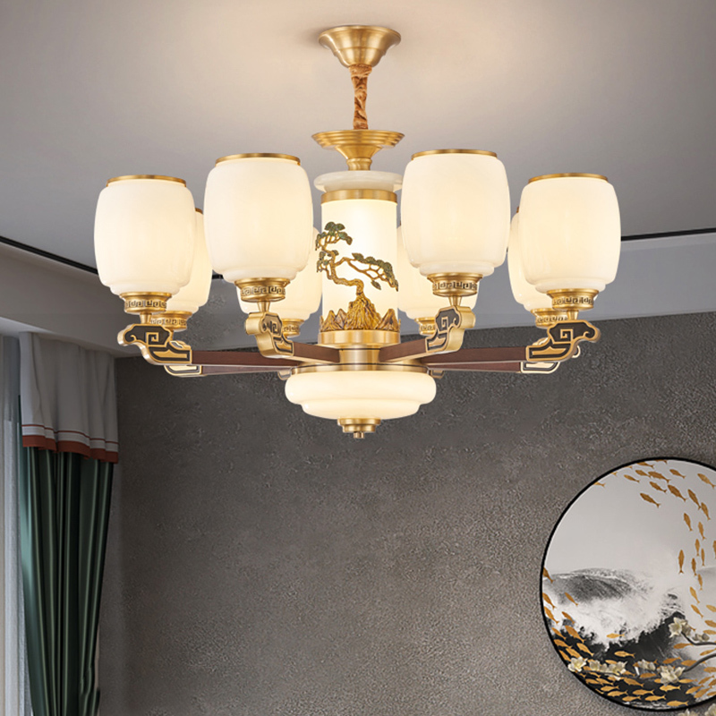 新中式全铜红木大吊灯轻奢大气客厅别墅复式楼中空大厅餐厅灯具