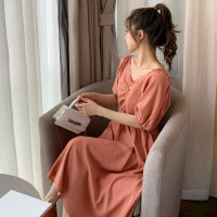 [1.5折价55元]唐狮夏季新款泡泡袖V领连衣裙女可爱温柔休闲中长裙百搭休闲